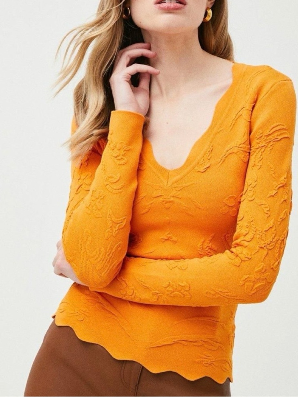 New Karen Millen Rib Knit Scallop Hem Top Orange